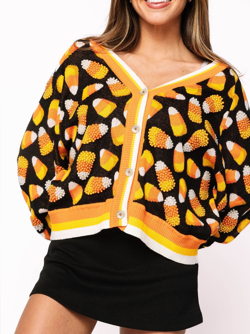 QUEEN OF SPARKLES Black Pearl Candy Corn Cardigan